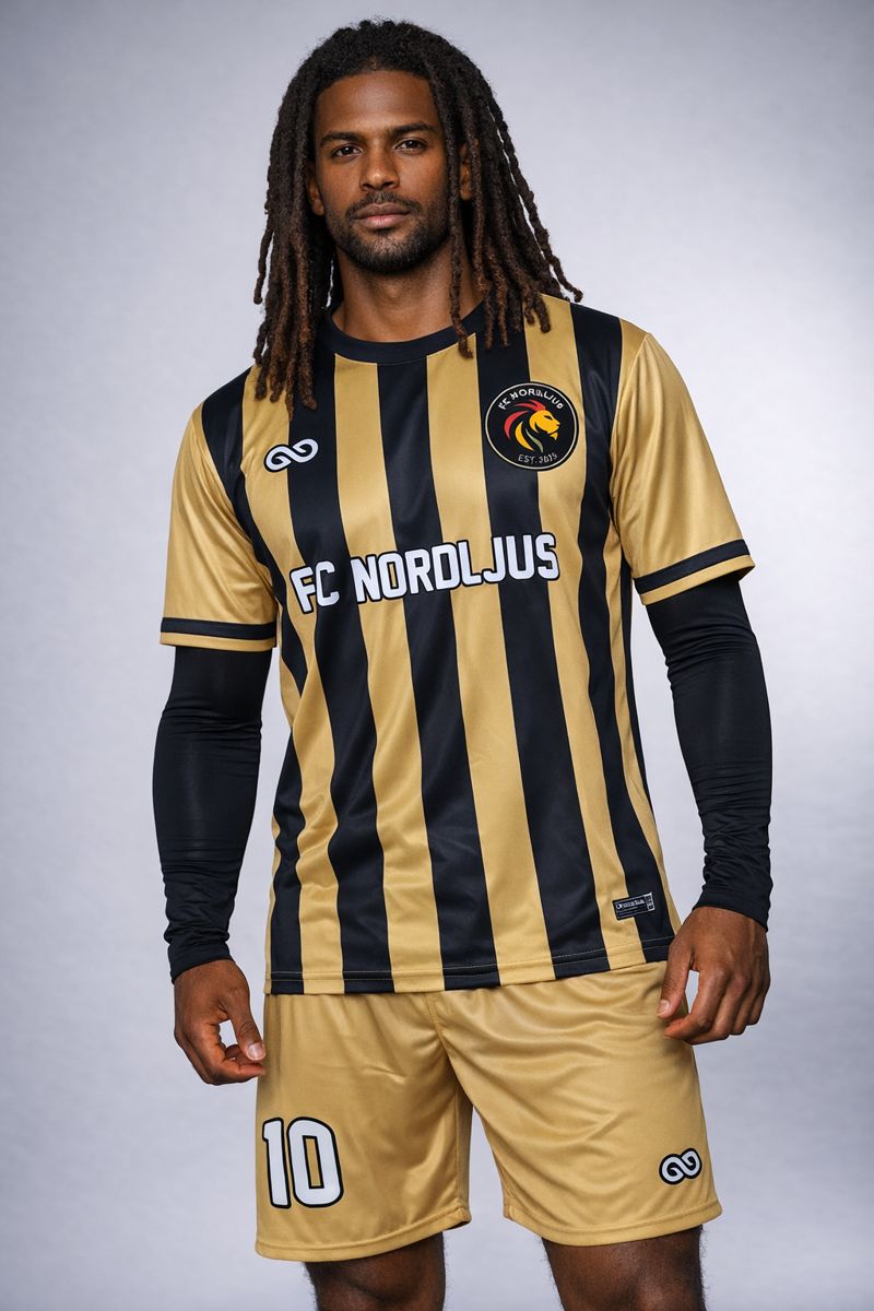 FC Nordljus home kit in lion gold and midnight black stripes
