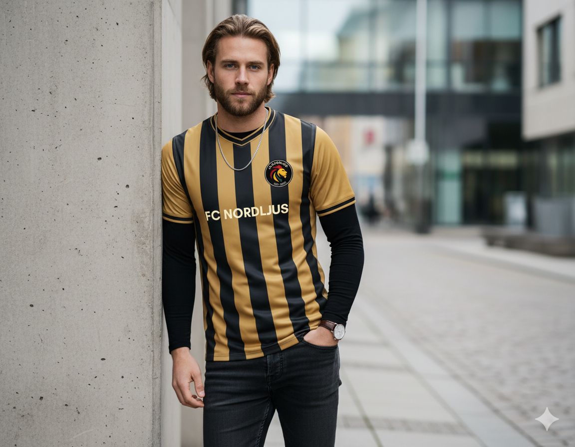 FC Nordljus home kit in lion gold and midnight black stripes