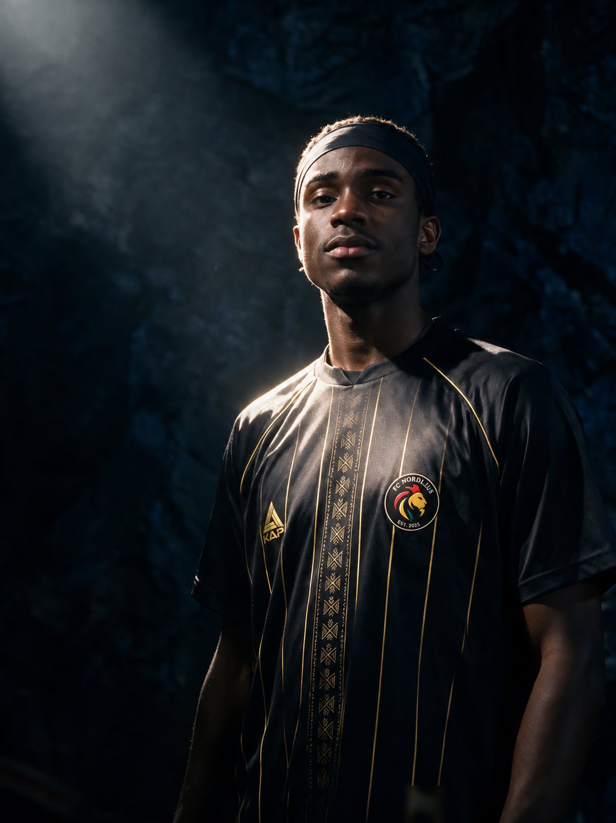 FC Nordljus player in the black and gold 2027 shirt